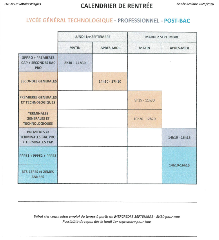 calendrier de la rentrée des classes