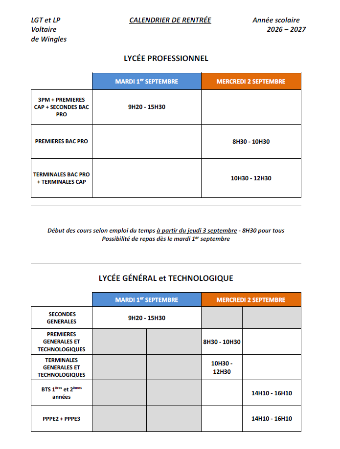 calendrier de la rentr&eacute;e des classes