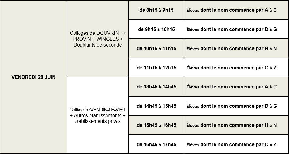 planning inscription seconde