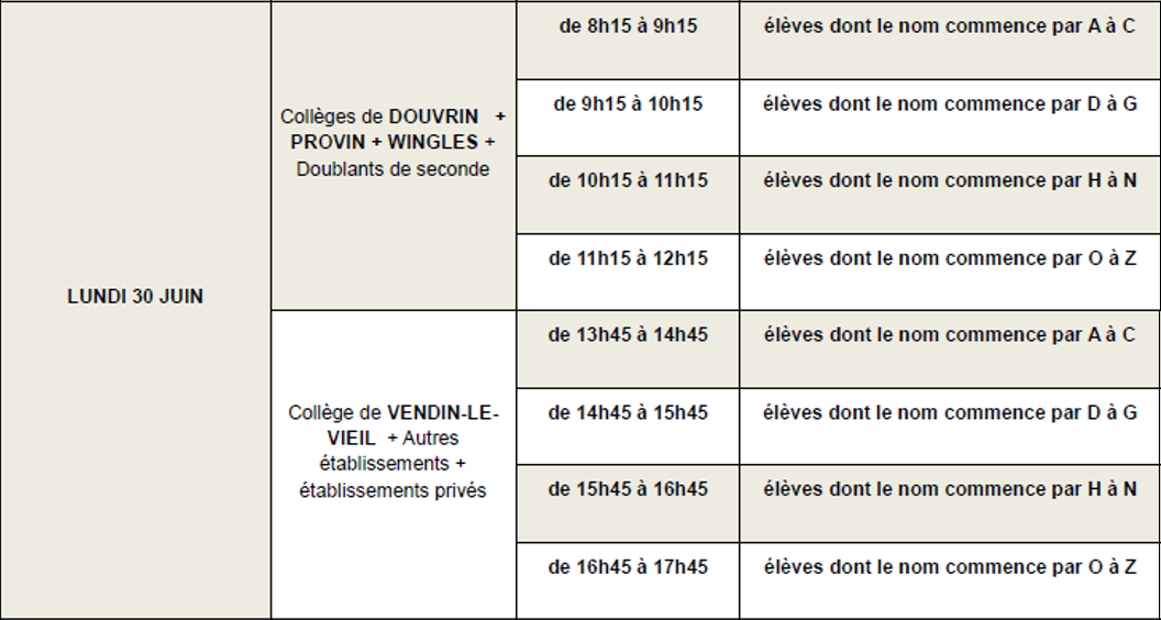 planning inscription seconde