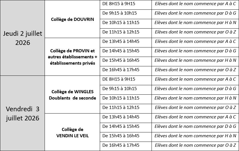 planning inscription seconde